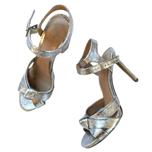 Jewel Badgley Mischka Textured Leather Metallic Silver Knotted High Heel Sandal - Picture 2 of 9